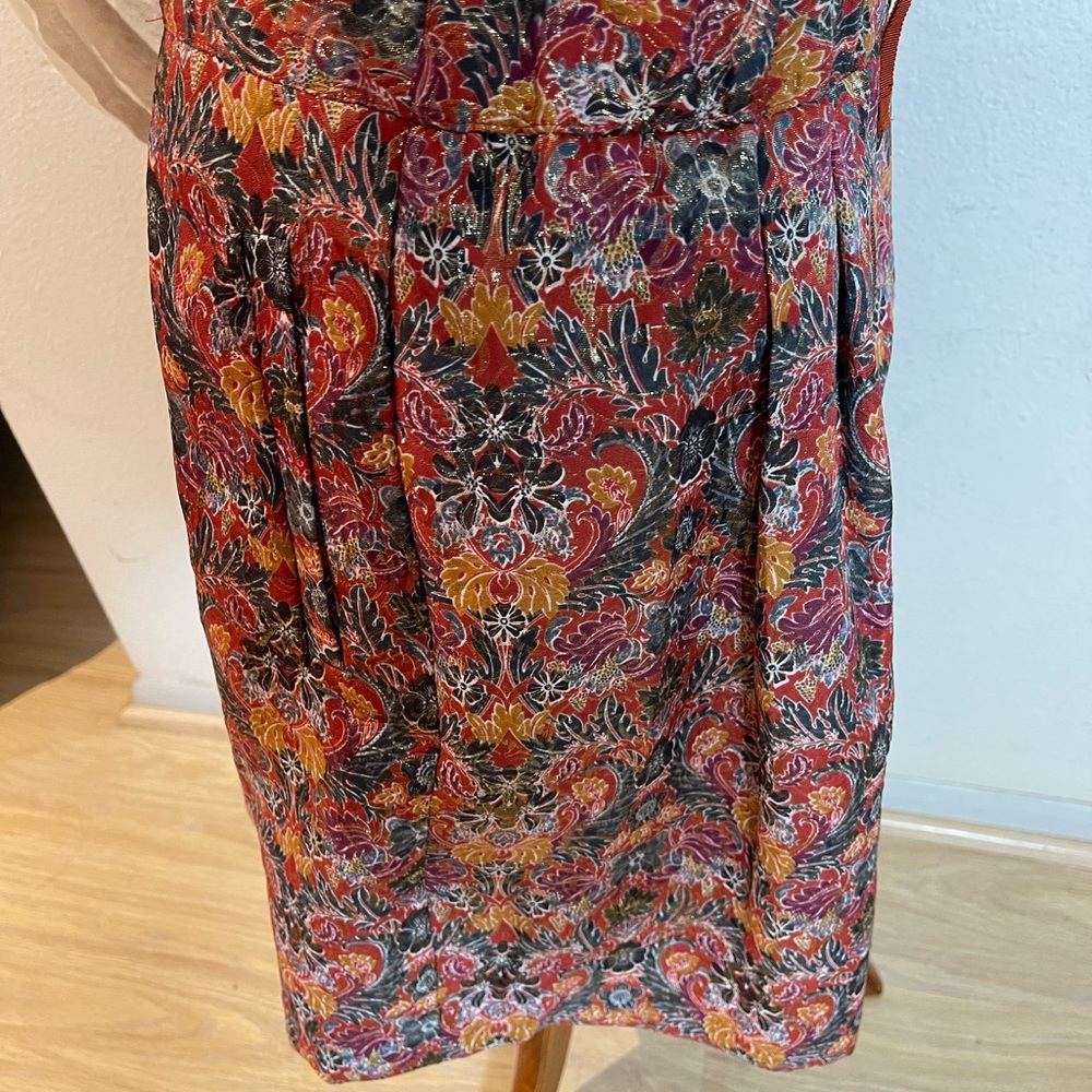Anthropologie Rosia Brocade Red & Gold Floral Metallic Pleated Skirt - Picture 8 of 13